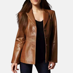 Amara Slim Fit Three-Button Women’s Leather Blazer Jacket