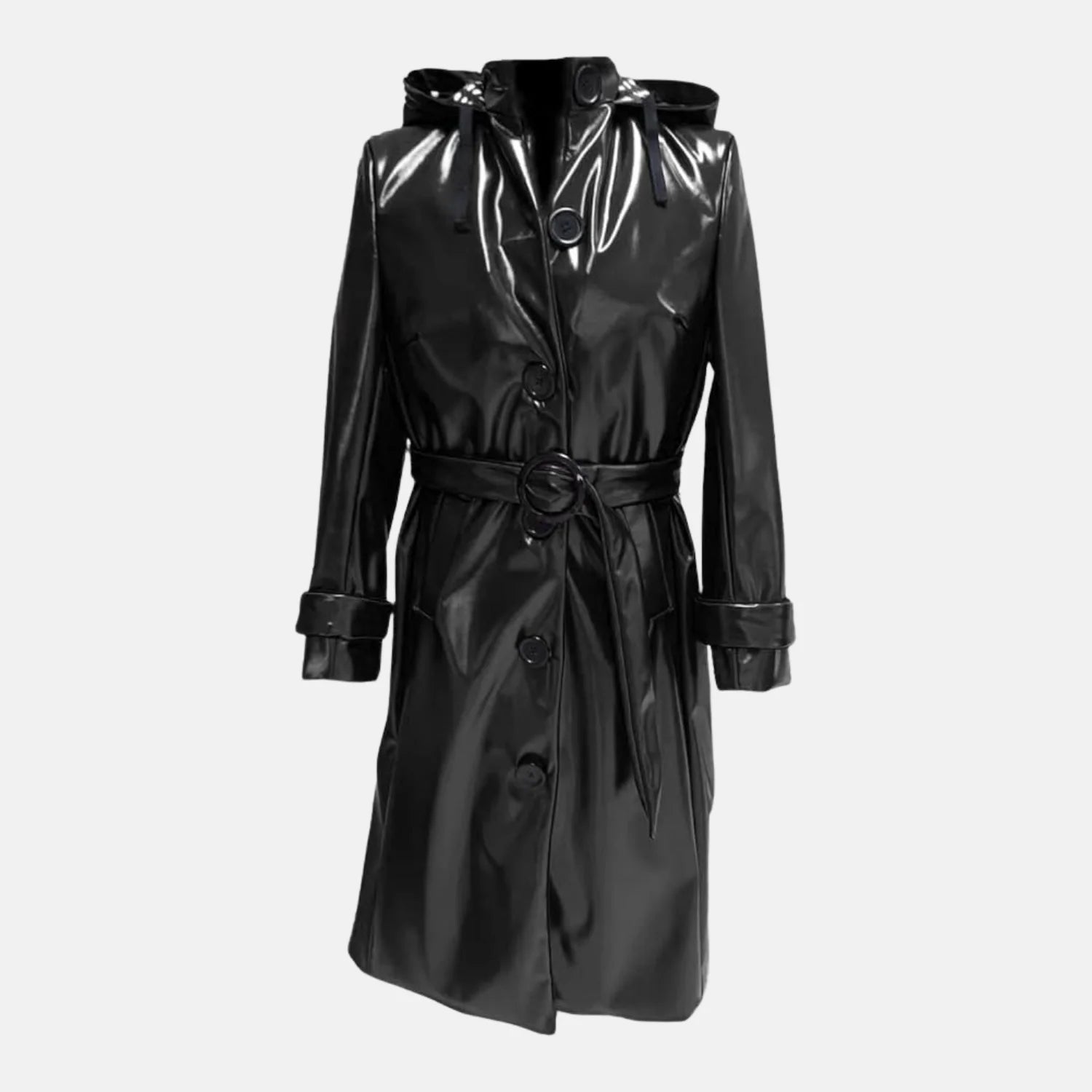 Women’s Stylish Shiny Leather Hooded Long Trench Raincoat