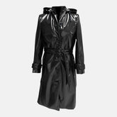 Women’s Stylish Shiny Leather Hooded Long Trench Raincoat