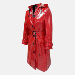 Women’s Stylish Shiny Leather Hooded Long Trench Raincoat