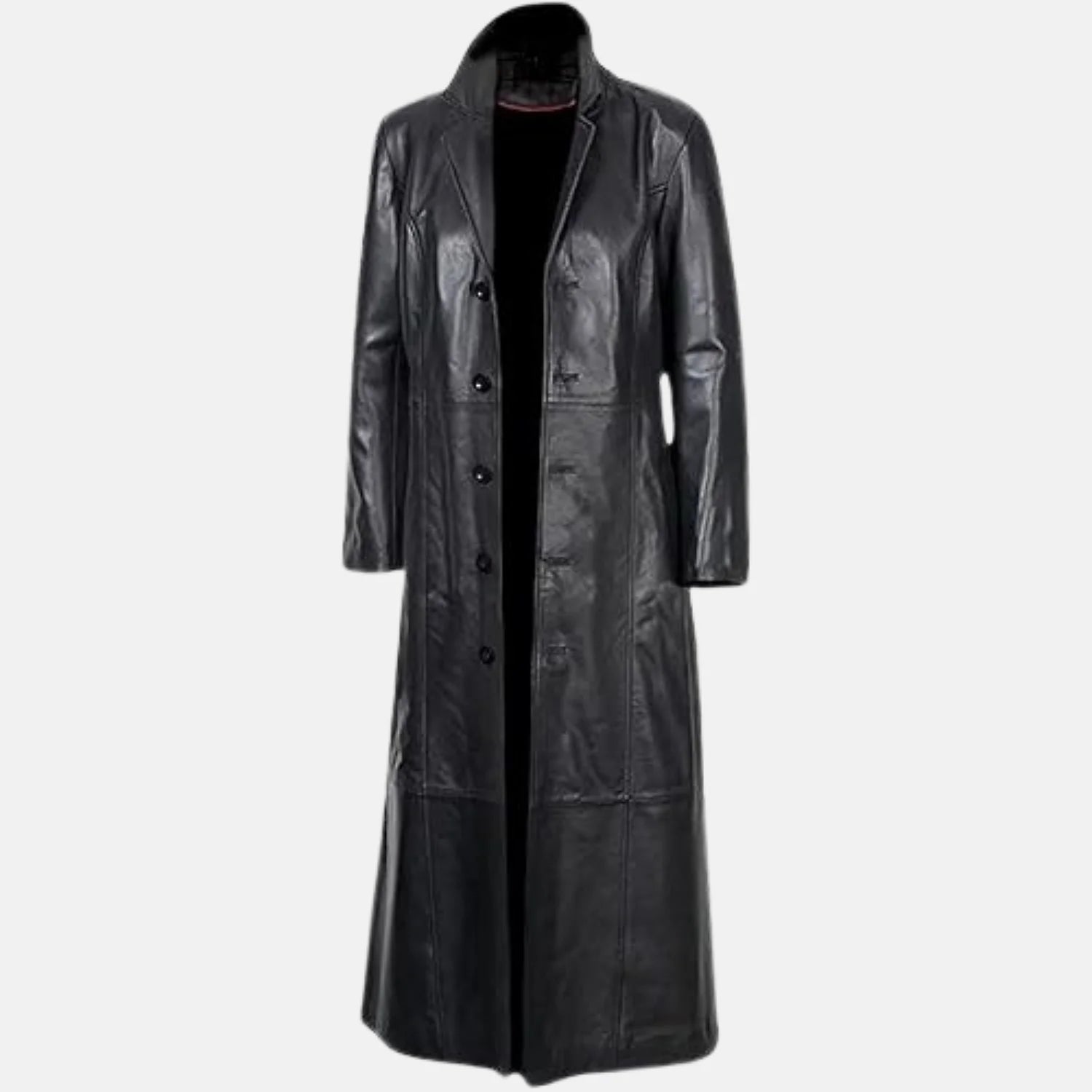 Stand Collar Black Leather Trench Coat