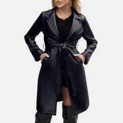 Women’s Leather Trench Coat Belted Loose Fit Open Front