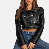 Cropped Casual Zip Leather Bomber Jacket for Women