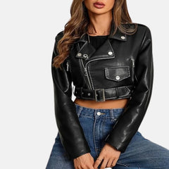 Cropped Casual Zip Leather Bomber Jacket for Women