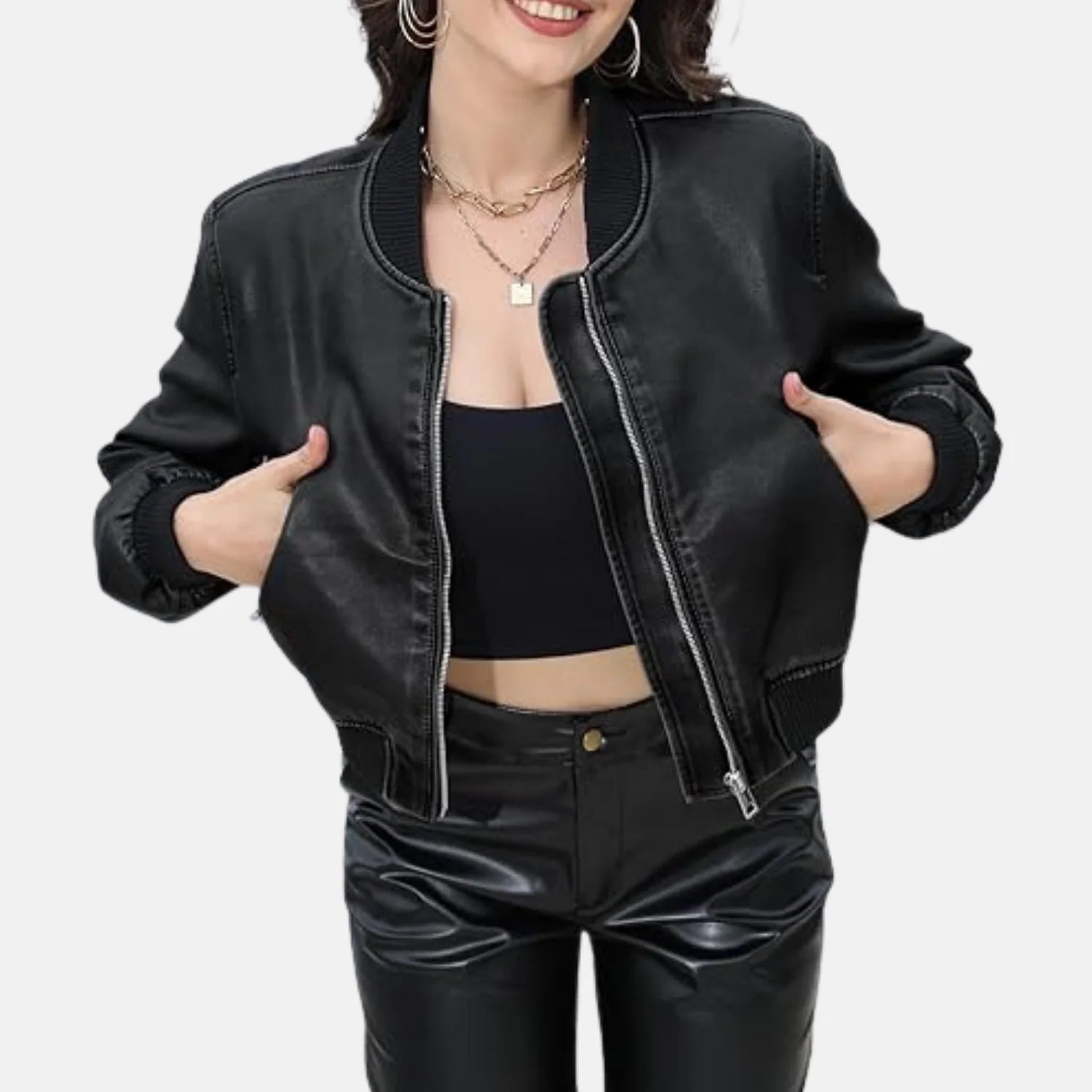 Zip Up Coat Moto Bike Outwear with Pockets Varsity Jacket Women