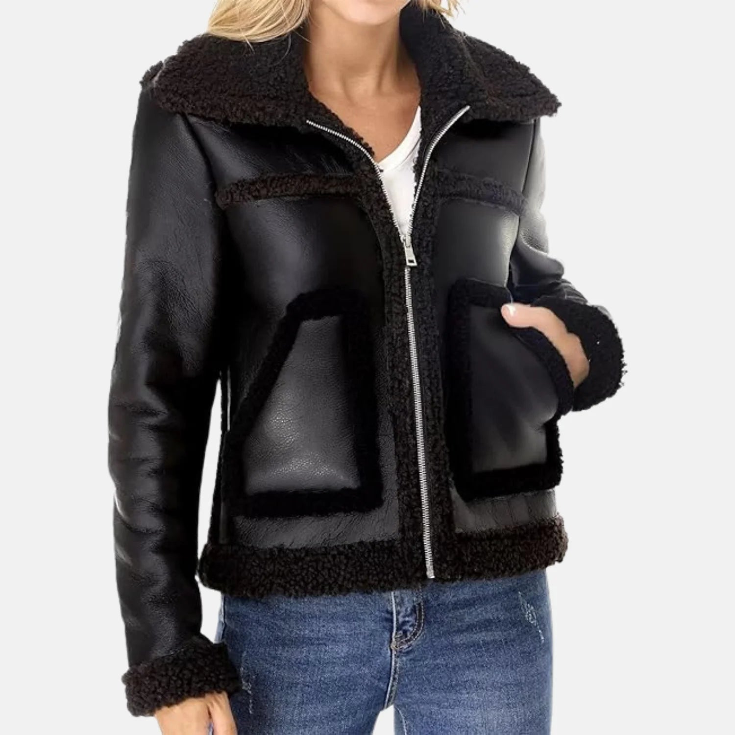 Fur Lined Coat Sherpa Aviator Jacket Women