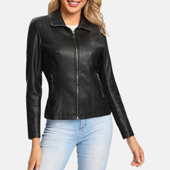 Faux Leather Zip Up Coat With Elastic Rib Quilted Jacket Women