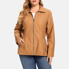 Faux Leather Zip Up Coat With Elastic Rib Quilted Jacket Women