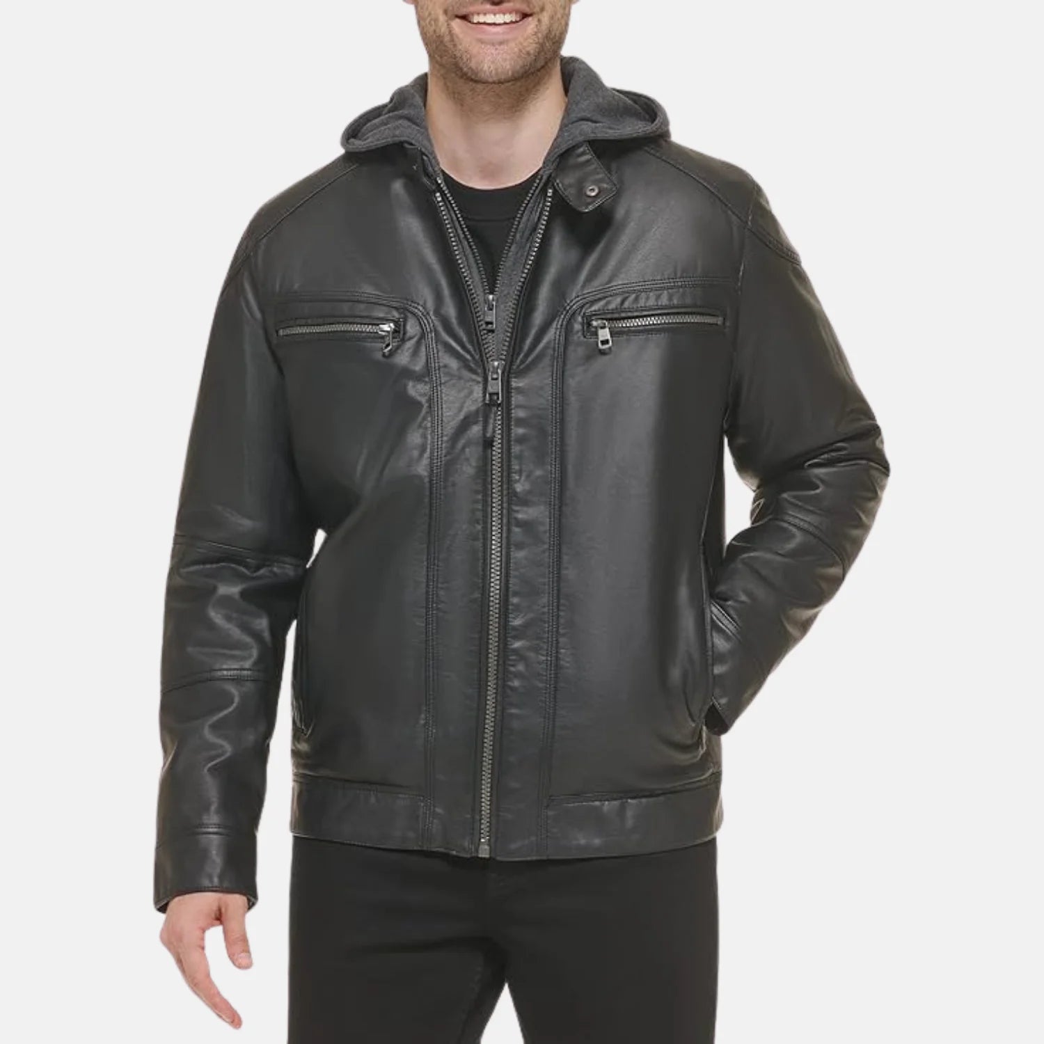 Removable Hoodie Biker Style Mens Leather Jacket