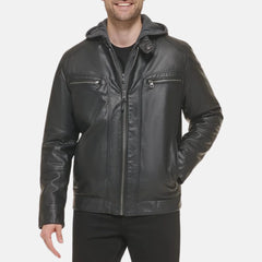 Removable Hoodie Biker Style Mens Leather Jacket