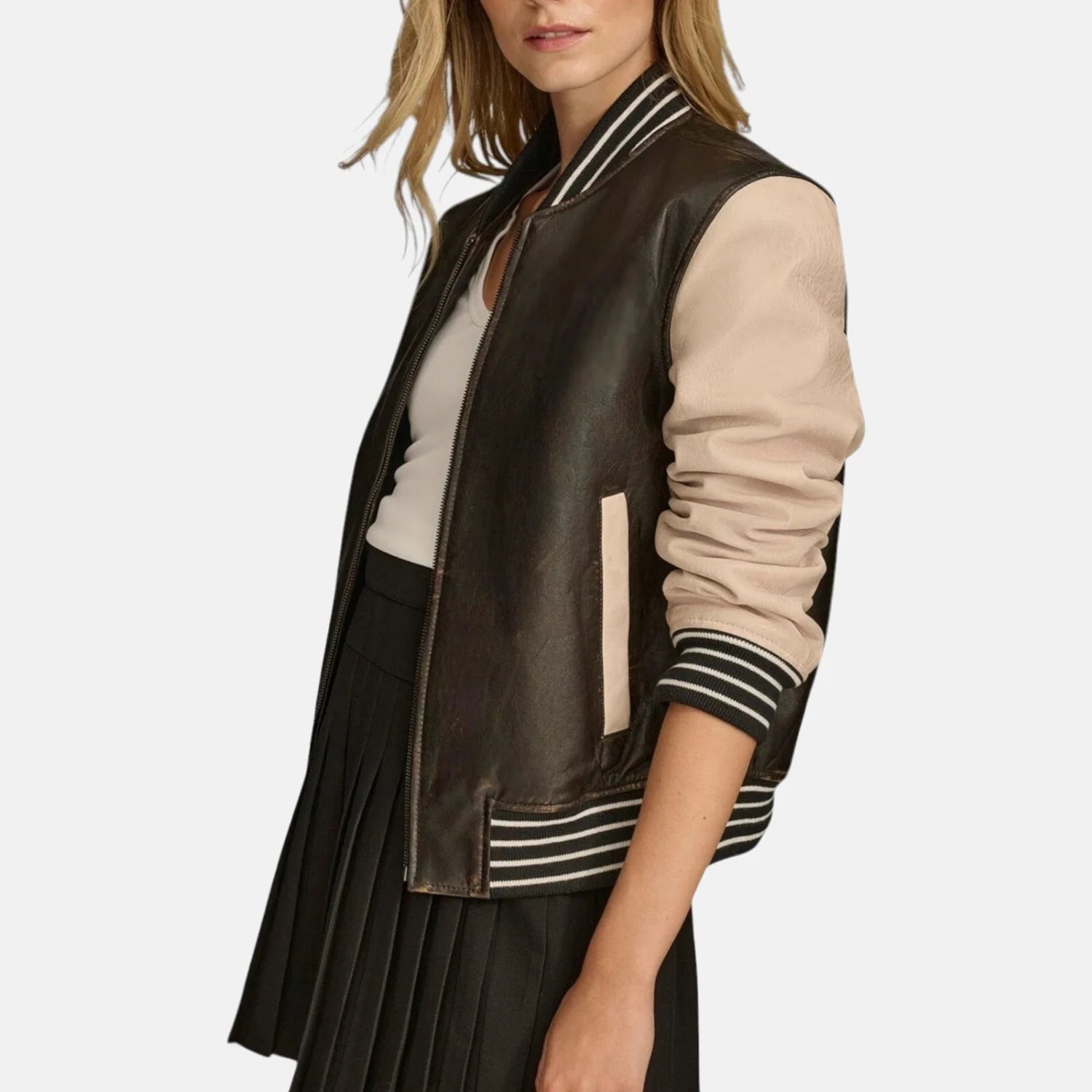 Cowhide Two-Tone Ribbed Trim Varsity Jacket Women