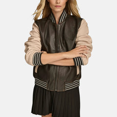 Cowhide Two-Tone Ribbed Trim Varsity Jacket Women