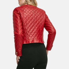 Leather Red Biker Moto Quilted Jacket Women