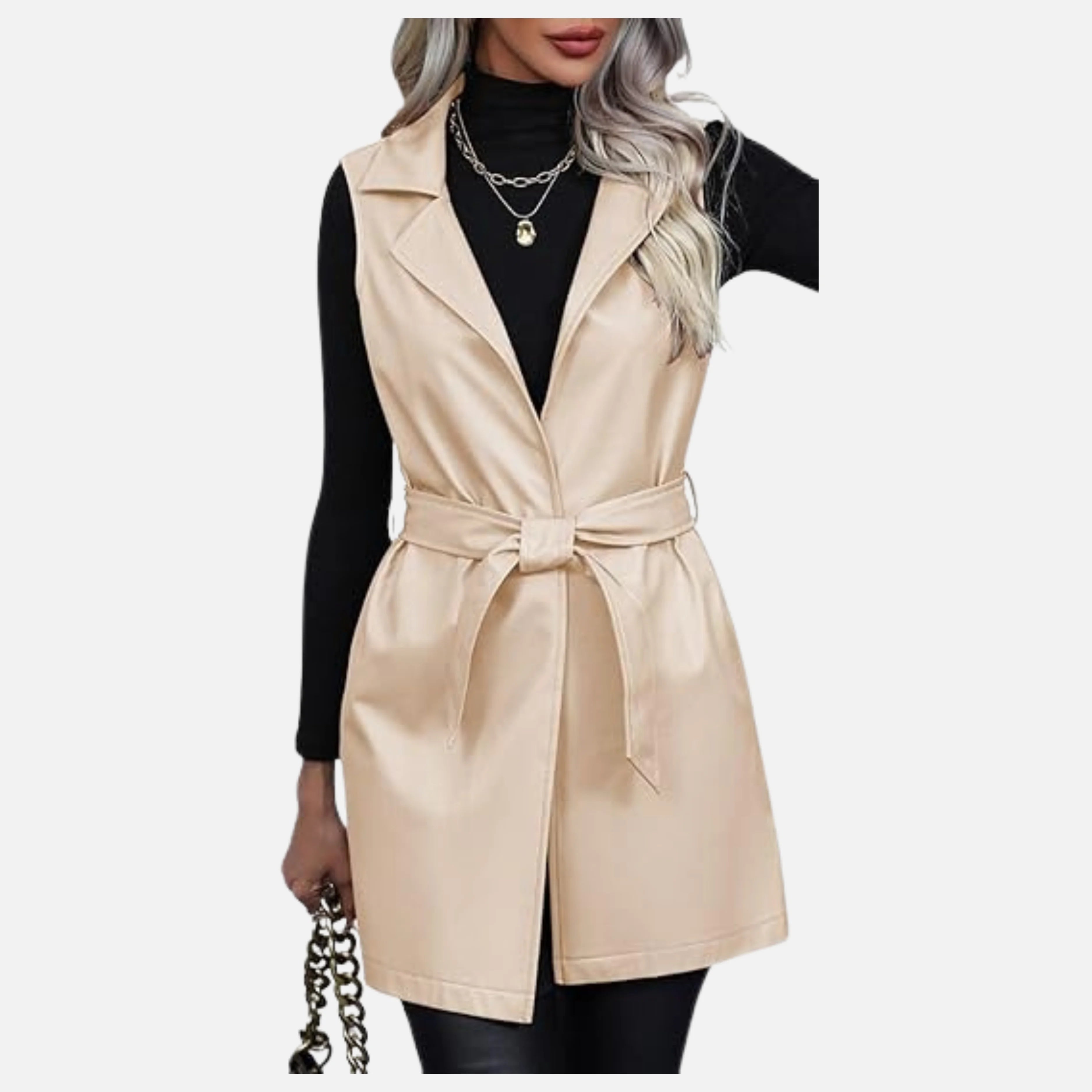 Roxane Sleeveless Open Front Leather Vest Belted Lapel