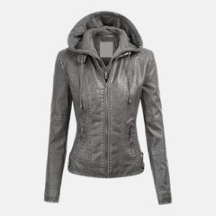 Selene Leather Jacket Women Motorcycle Coat with Removable Hood