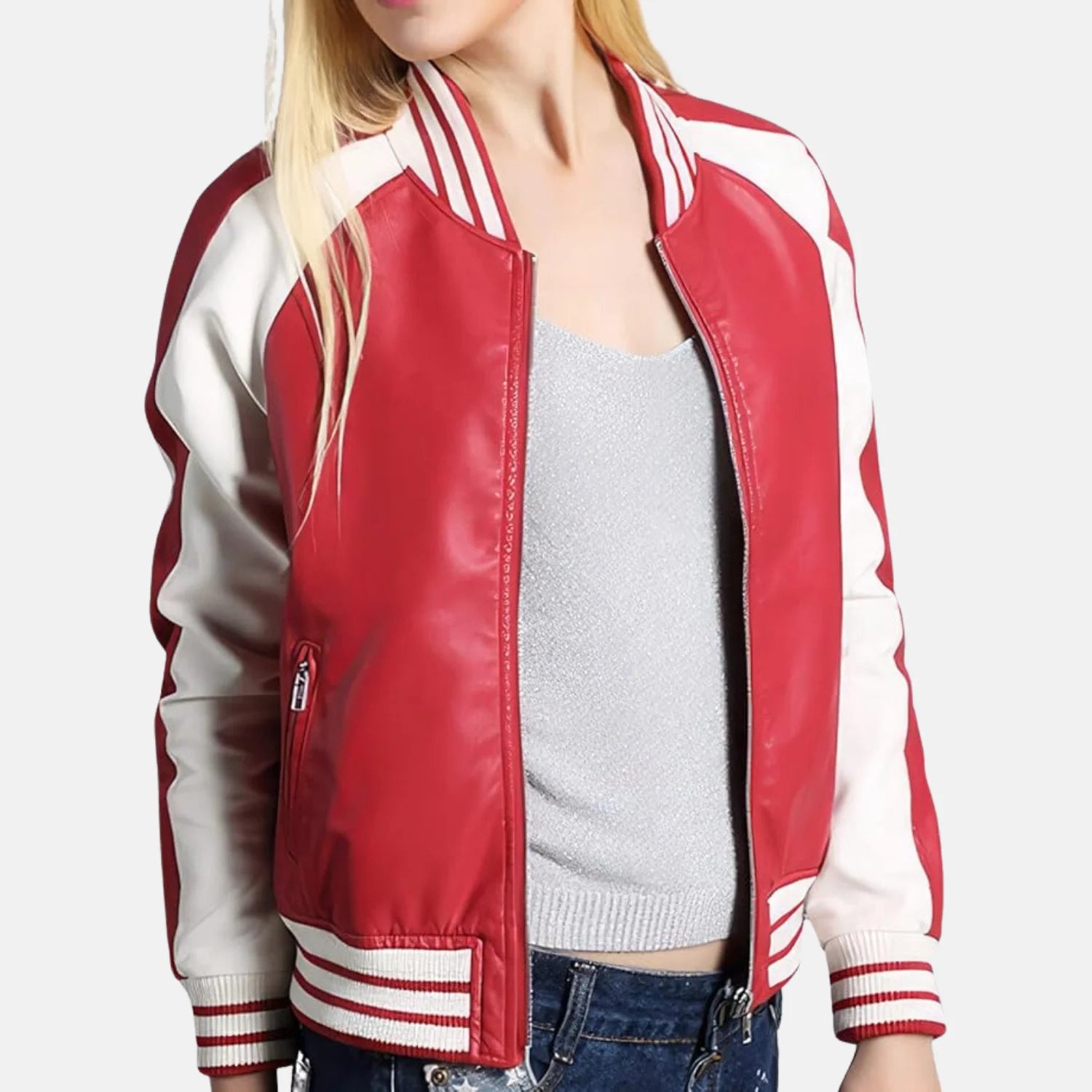 Rib Knit Collar White Strips Bomber Baseball Varsity Jacket Women