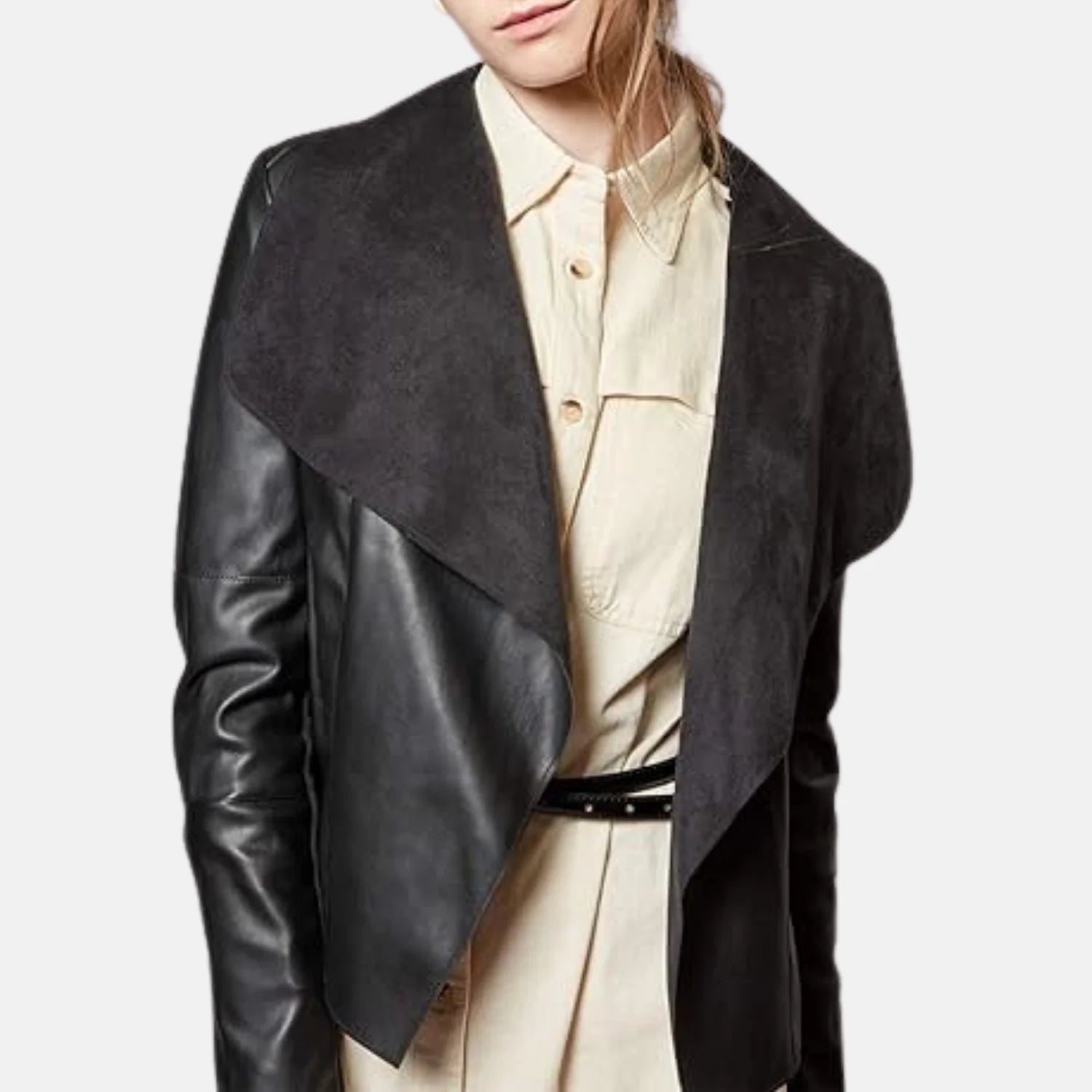 Serena Slim Open Front Lapel Women’s Leather Blazer Jacket