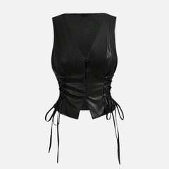 Sophia Women’s Leather Vest Top Sexy Vintage Lace Up V Neck Crop