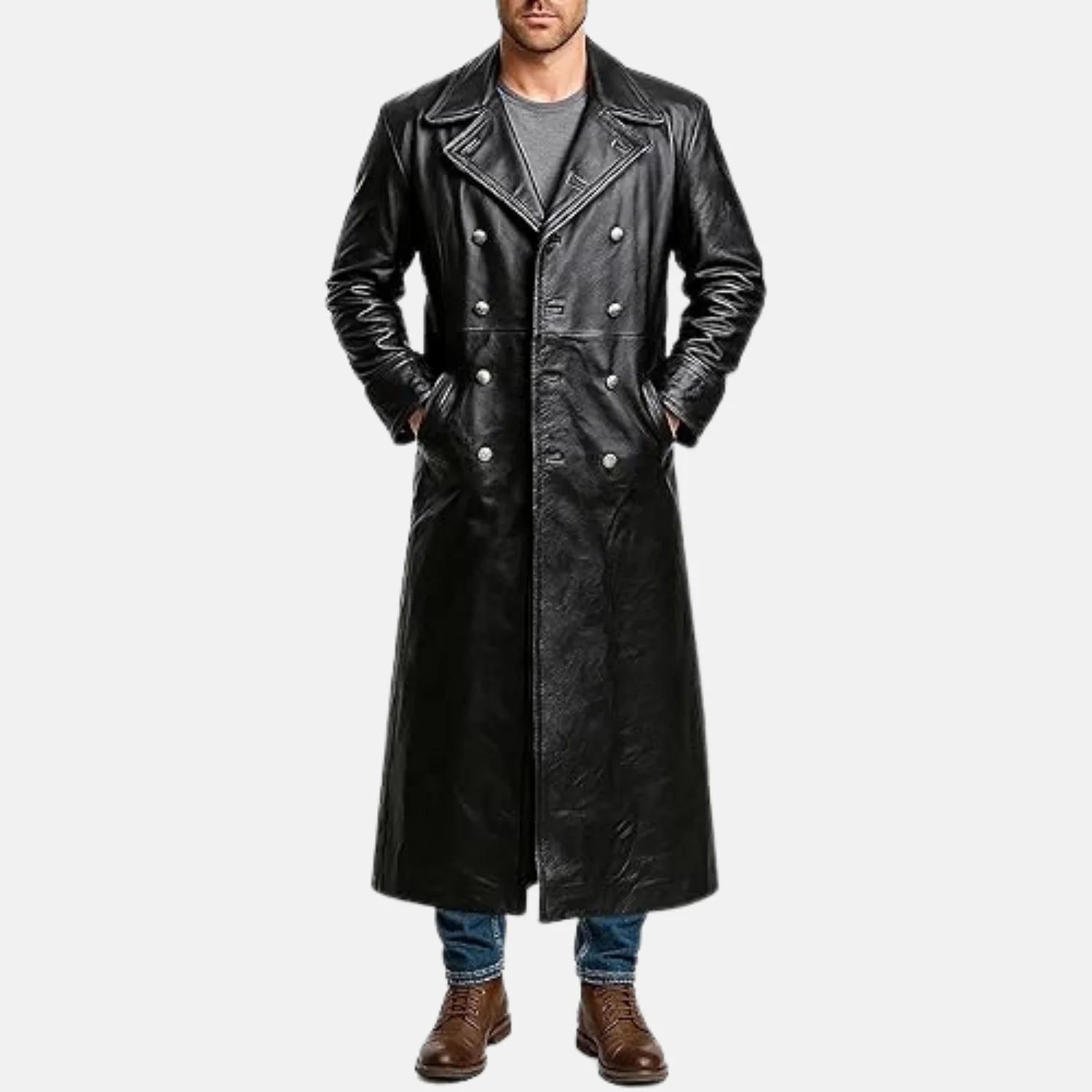 Taviero Vintage Mens Double Breasted Leather Trench Coat