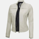 Donna Black White Leather Bomber Jacket for Women