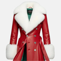 Christmas Red Leather Trench Coat​ Women