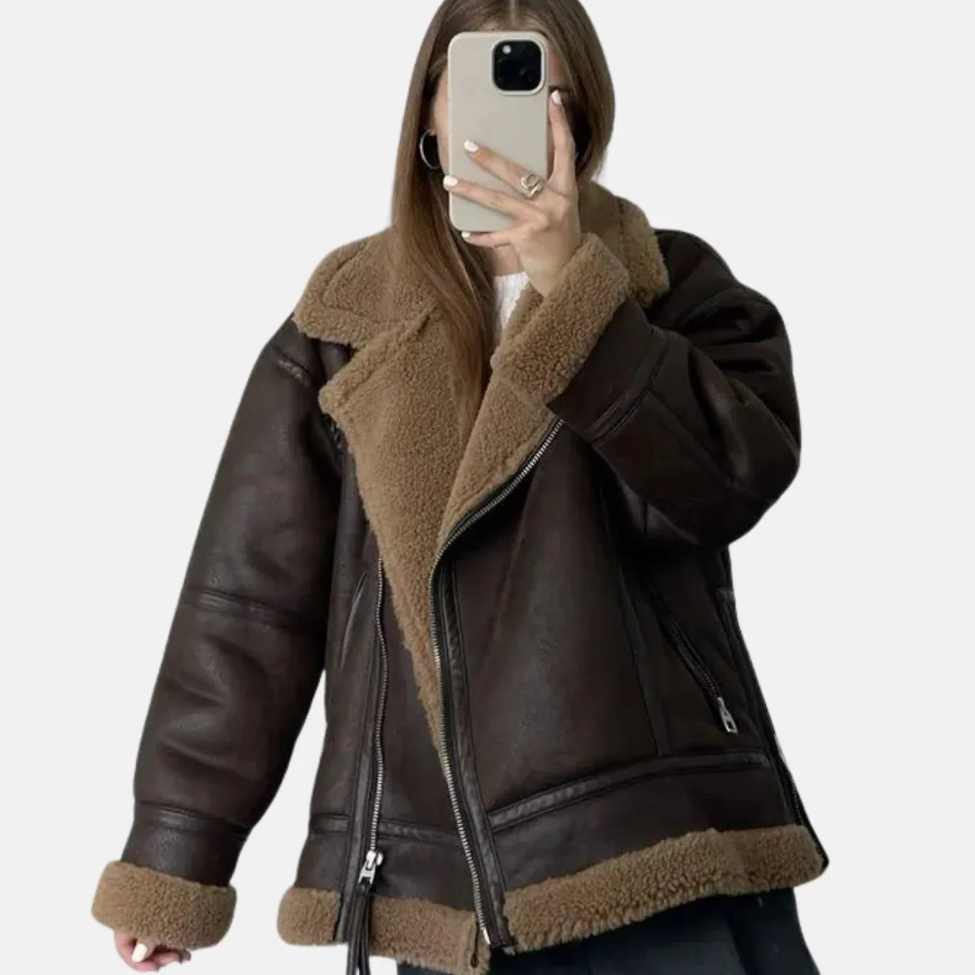 Ruziyoog Women's Faux Leather Zip-Up Aviator Jacket – Sherpa-Lined