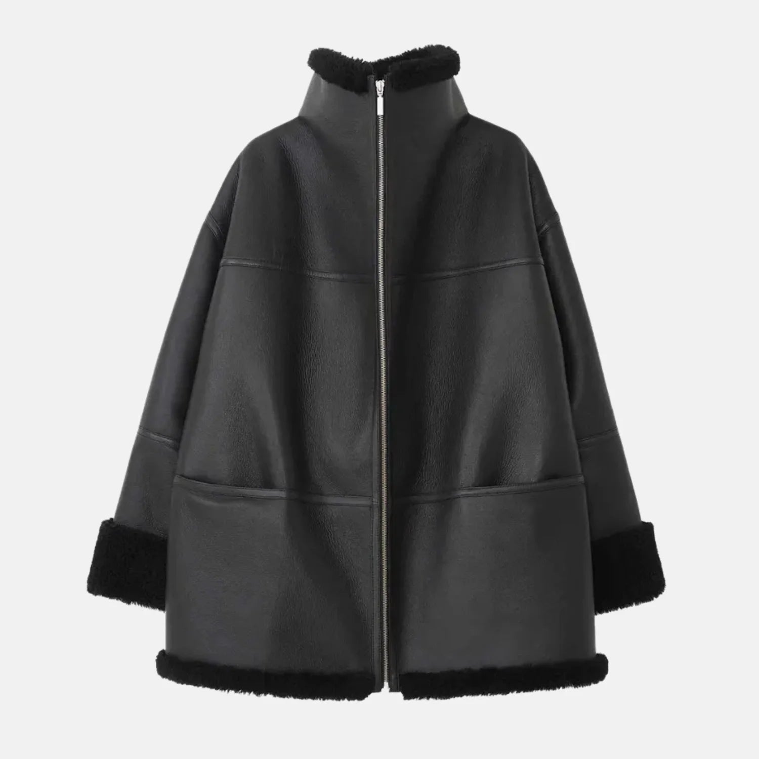  Faux Leather Fur Shearling Aviator Jacket