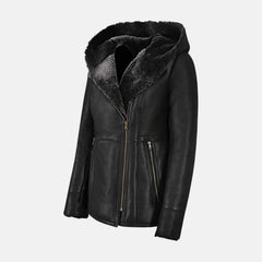 Furry Women’s Hooded Leather Sherpa Shearling Coat
