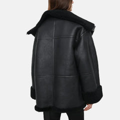 Long Furry Women Bomber Leather Jacket