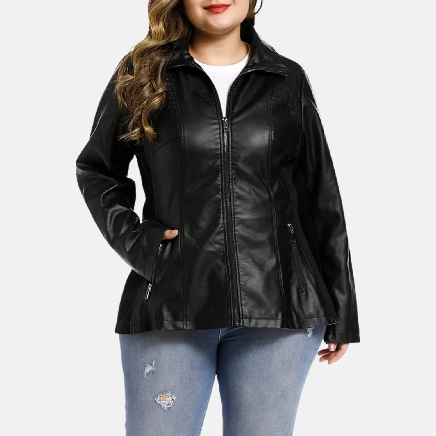 Faux Leather Zip Up Coat With Elastic Rib Quilted Jacket Women