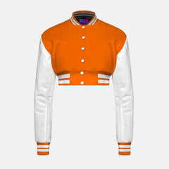 Cropped Orange Wool Jacket Black Leather Sleeves Varsity Jacket Women