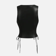Sophia Women’s Leather Vest Top Sexy Vintage Lace Up V Neck Crop