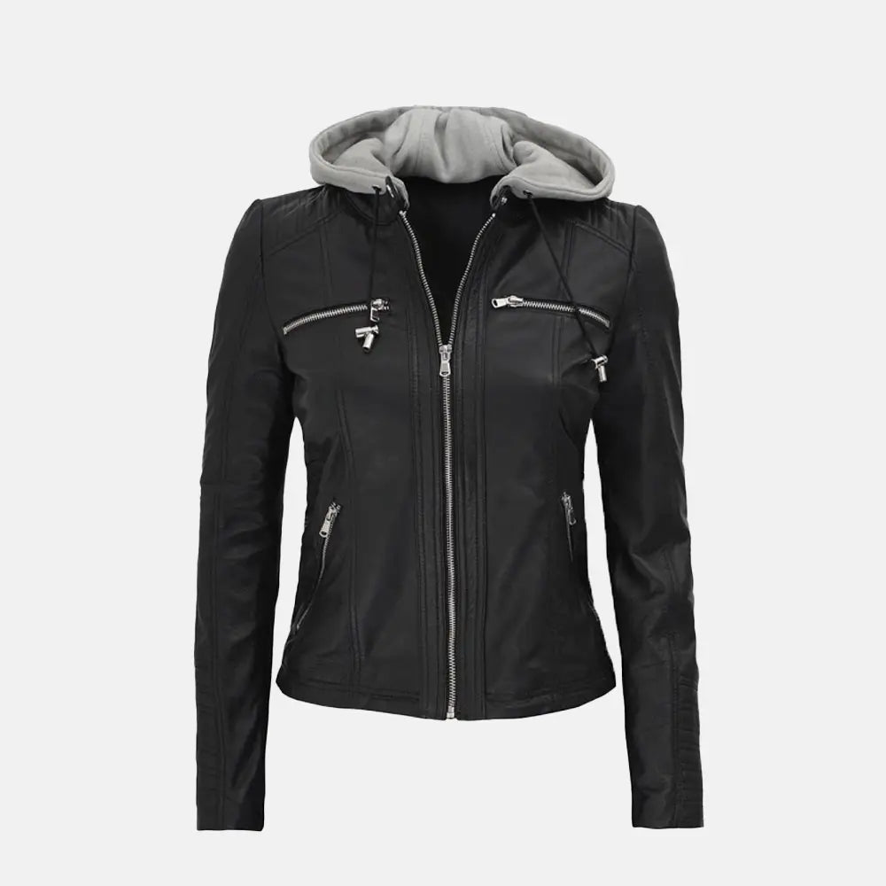 Versatile Bomber Hooded Leather Jacket For Women | Black