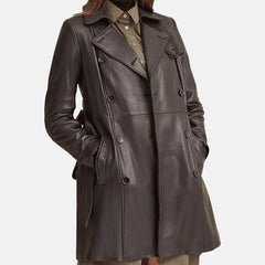 Women Brown Leather Trench Coat With Belt